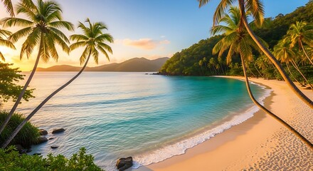 A serene tropical beach with palm trees framing a crescent-shaped bay of turquoise water at sunset.