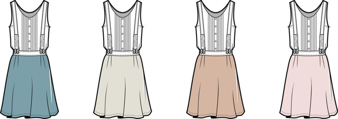 Vector illustration set of women's sleeveless dress technical flat sketches. Fashion design template in multiple colorways for apparel