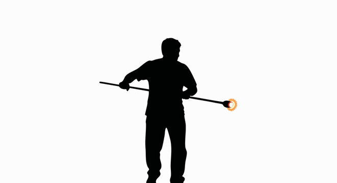 Black silhouette of a glassblower at work. Artisan craftsman holding a blowpipe with molten glass. Minimalist vector illustration