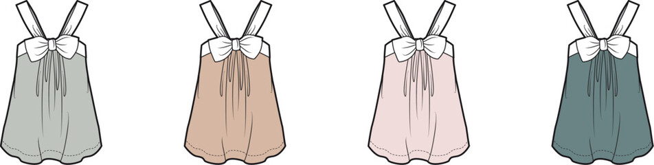 Vector illustration of a women's lingerie chemise or babydoll shown in four different colorways. Fashion flat template for a feminine sleepwear collection