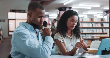Laptop, studying and students in library for education on university test, project or exam. Happy, learning and man with woman on computer for research on college assignment on campus together. - Powered by Adobe
