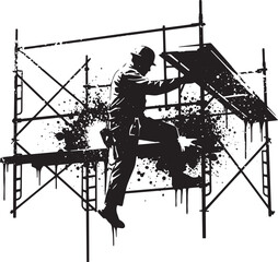 Monochrome illustration depicting construction worker on scaffol