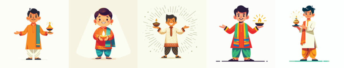 vector of an indian little boy carrying an oil lantern celebrating diwali