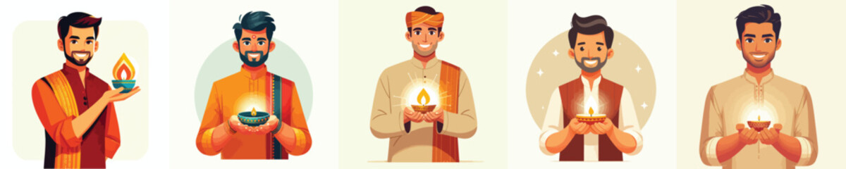 vector of an indian man carrying an oil lantern celebrating diwali