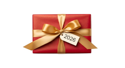 Gift box with 2026 tag, isolated on transparent background
