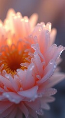 Fototapeta premium Delicate pink flower petals dusted with frost sparkle in warm morning light