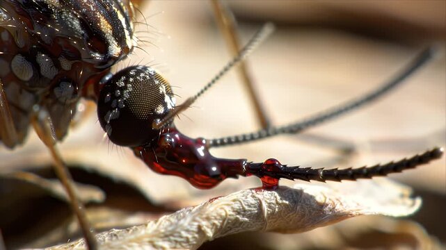 Mesmerizing Macro Close-up of a Mosquito Feeding Detailed Proboscis Extracting Blood Intricate Insect Anatomy Scientific Biology Footage