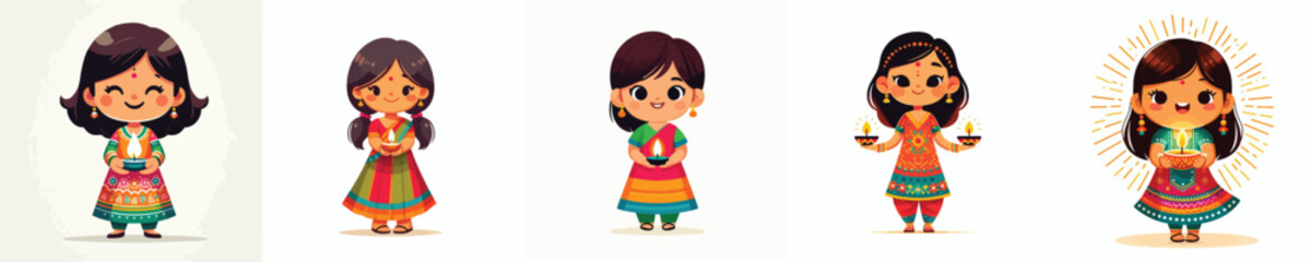 vector of an indian little girl carrying an oil lantern celebrating diwali