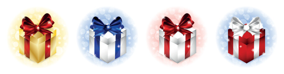 Colourful Presents or Gifts with red ribbon and a bow isolated on the light background, vector illustration