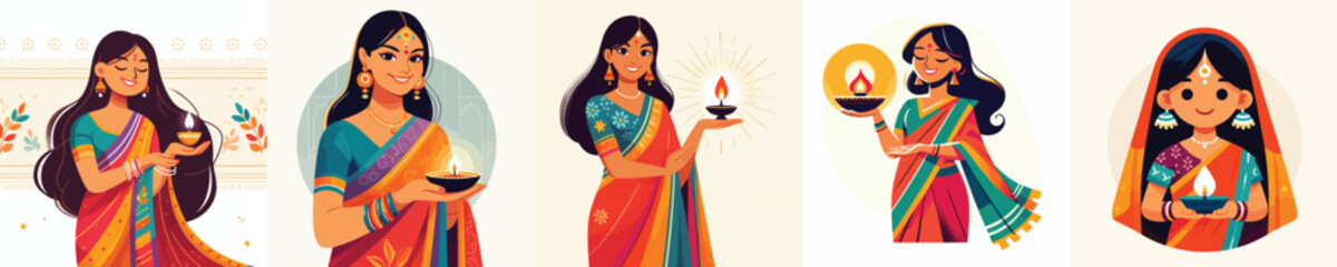 vector of an indian woman carrying an oil lantern celebrating diwali