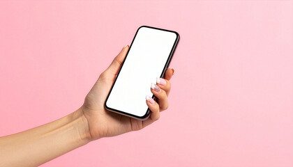 Hand holding smartphone with blank white screen on pink background