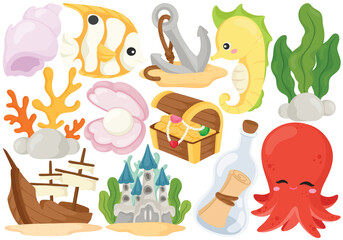 Obraz premium Vector Under the Sea Clip Art Set Ocean Life Seahorse Octopus Fish Castle Treasure Chest Shipwreck Illustration Isolated on White Background