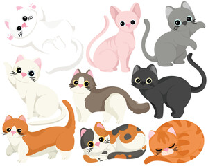 Vector Cute Cat Clip Art Set Kawaii Kitten Pet Animal Character Black Orange Tabby Calico Sphinx Poses Illustration Isolated on White Background Graphic Nursery Feline