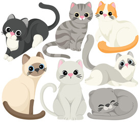 Vector Cute Cat Clip Art Set Kawaii Kitten Pet Animal Character Grey Tabby Siamese Tuxedo Cat Poses Illustration Isolated on White Background Graphic Nursery
