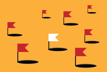 Flags Mark Obstacles One Flag is Different Color on Colorful Background. Business idea and successfully overcoming difficulties signs