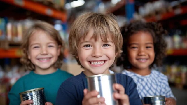 10Children holding donated cans with smiles, background showing shelves of food donations, vibrant colors symbolizing hope and kindness