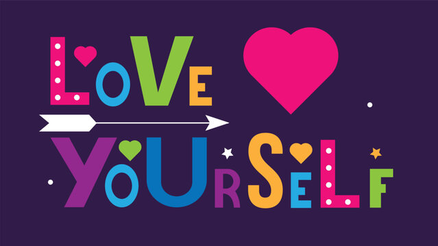 Love Yourself Phrase Bright Colors with Colorful Hearts. Motivation and self care vector art