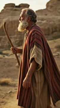 Old man with shepherd staff walking through arid desert landscape under warm sunlight for religious film scene footage