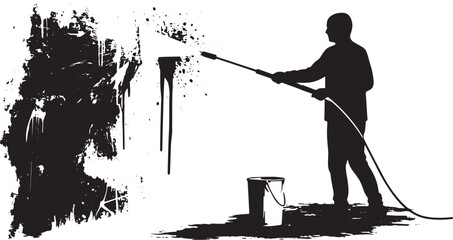 Silhouette of a man power washing graffiti off a wall in black a