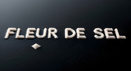 Fleur de Sel Text on Black Background, Close-up of Sea Salt Crystals, Food Styling Still Life, Gourmet Cooking Ingredient for Restaurant Menu