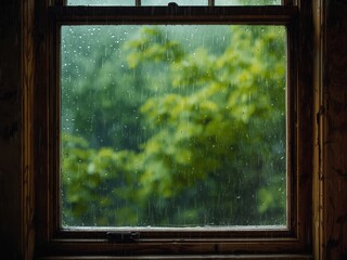Cozy window view with gentle rain streaks on glass, lush green trees blurred in background