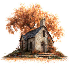 Charming stone cottage surrounded by vibrant autumn leaves in a serene landscape