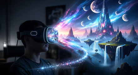 Fototapeta premium Young person immersed in a vibrant, fantastical virtual reality world
