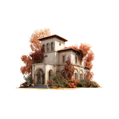 Beautiful autumn landscape featuring a charming two-story house surrounded by colorful foliage