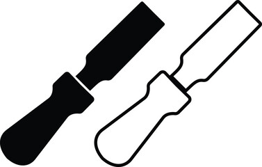 Black masonry chisel icon set, construction and stone carving tool collection, sculpting and brickwork equipment group in flat and line outline style industrial repair and workshop vector illustration