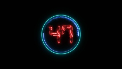Number 47 neon bright red color 4k illustration. Abstract neon bright circle frame on black background.
