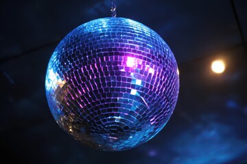Disco Fever. Blue and Purple Disco Ball with Vibrant Lights in Club Dance Music Scene