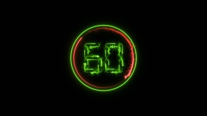 Fototapeta premium Number 60 neon bright lime green color4k illustration . Abstract neon bright circle frame on black background.