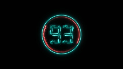 Number 93 neon bright cyan color 4k illustration. Abstract neon bright circle frame on black background.