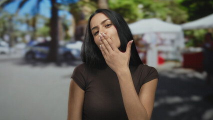 Fototapeta premium Woman blowing kiss on city street, young and joyful, surrounded by urban outdoor setting with blurred trees and tents.