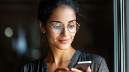 Hispanic Woman Texting with Smartphone, Radiating Intellect and Relaxed Confidence Ideal for Modern Marketing Campaigns.