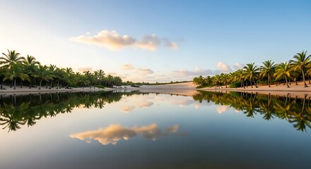 A serene tropical lagoon with palm trees and sand dunes reflecting perfectly in the calm water at sunrise.
