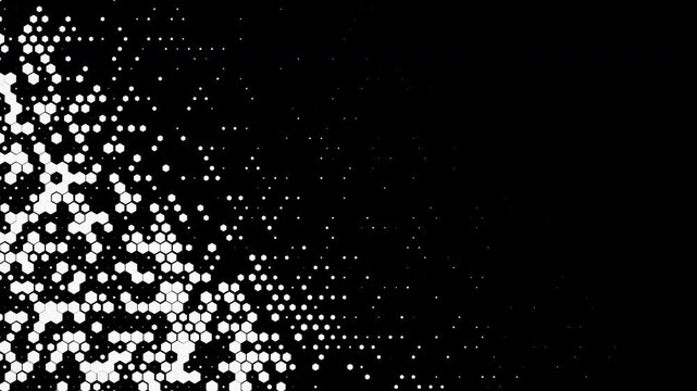 Abstract wavy hexagonal halftone fluid motion background with place for text on the right. Scratched pop art wavy dynamic technological flames.