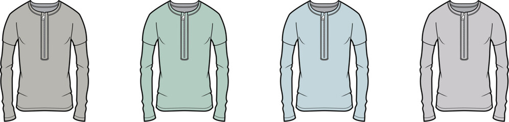 Set of long sleeve Henley shirt fashion flat technical sketches. Apparel design vector template with color variations for clothing mockups and collections