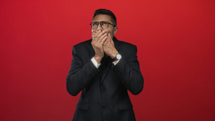 Fototapeta premium Hispanic business man in dark suit covers mouth with hands in red studio, wearing glasses and wristwatch; surprise secrecy.