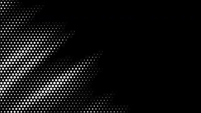 Abstract wavy hexagonal halftone fluid motion background with place for text on the right. Scratched pop art wavy dynamic technological flames.