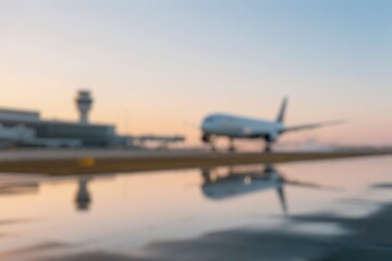 blurry airport scene, airplanes are seen parked at a deserted airport, without people, with a blurry airplane background