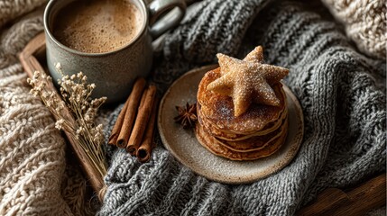 Cozy winter tea and star cookies with cinnamon and anise on knitted blankets