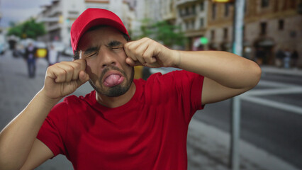 Delivery courier man wearing bright red cap and matching shirt rubbing eyes in busy street; sadness.