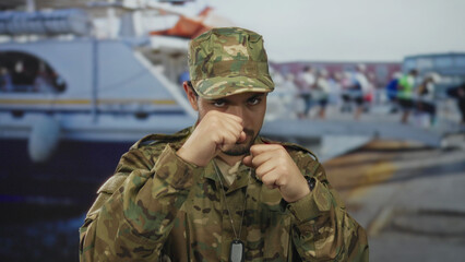 Fototapeta premium Soldier in camouflage uniform raises fists in a defensive fighting stance on a concrete port dock beside a moored boat; determination duty pride resilience.