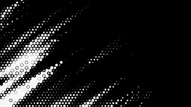 Abstract wavy hexagonal halftone fluid motion background with place for text on the right. Scratched pop art wavy dynamic technological flames.