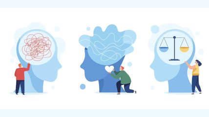 Conceptual illustration of mental health and well being with three distinct human heads representing different psychological states and processes