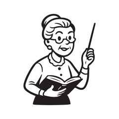 Charming illustration of a teacher with glasses reading a book and holding a pointer, perfect for educational resources or vintage character designs