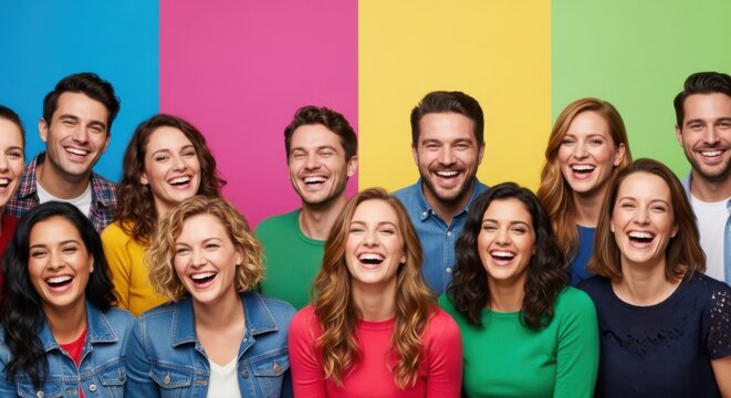 Large group of diverse happy young people laughing together. Concept of community, friendship and teamwork. Multiracial men and women enjoying a moment of pure joy and fun. - Powered by Adobe