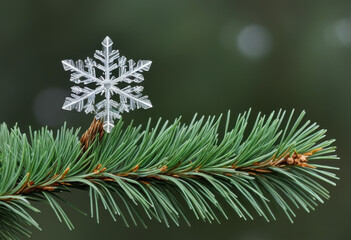 Decorative snowflake landing on the tip of a pine branch