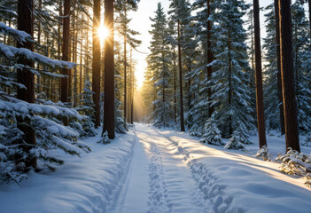 Snow-covered forest path at sunrise, with light filtering through the pine trees